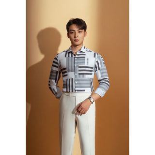 Áo sơ mi adam store trắng kẻ xanh đen smc148