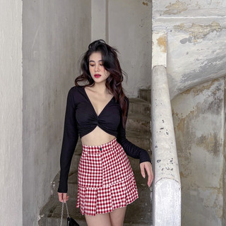 Áo croptop nữ tay dài HHVINTAGE kiểu xoắn lớp Top A08