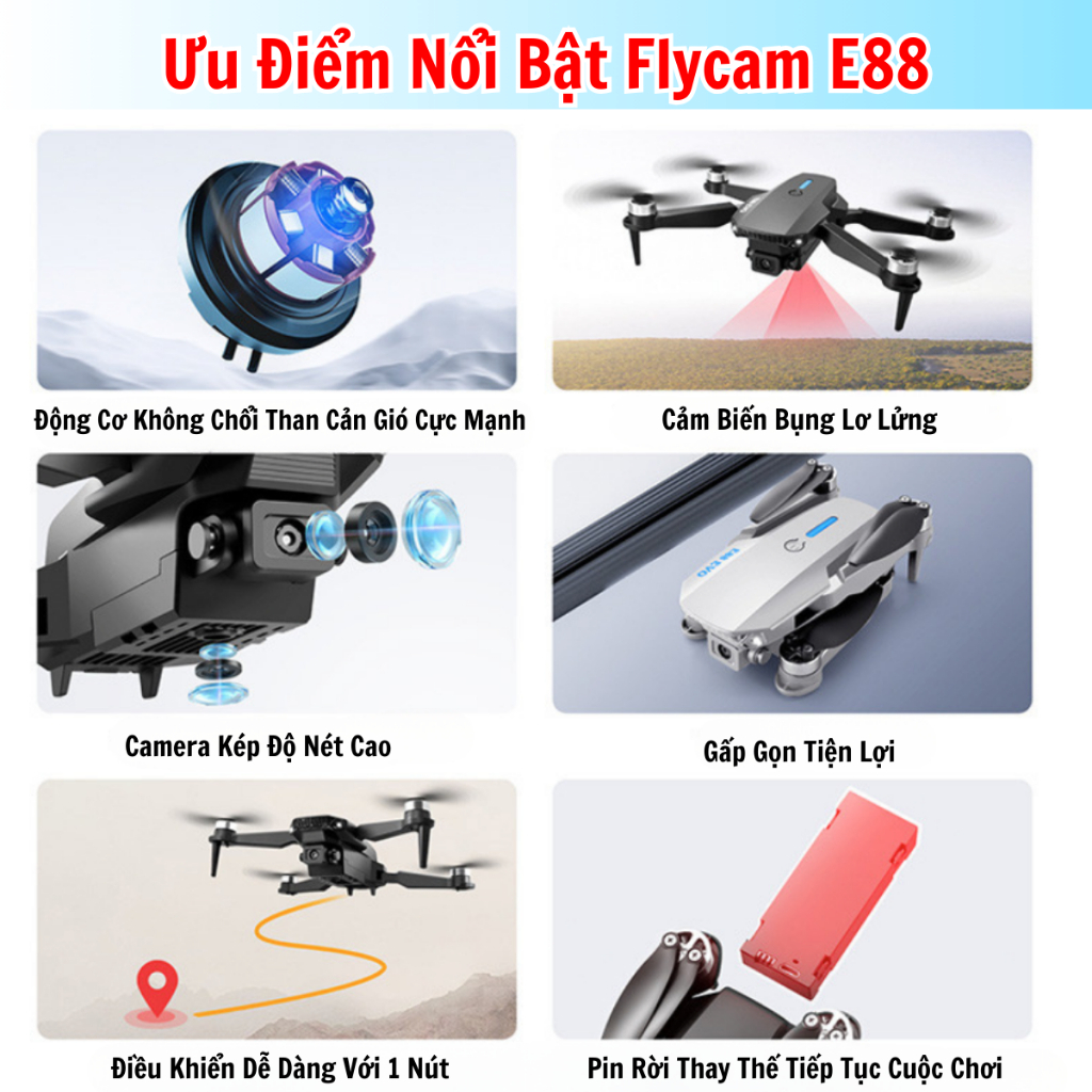 Flycam Mini Giá Rẻ Drone E88 Pro, Máy Bay Điều Khiển Từ Xa 4 Cánh Cao Cấp 2 Camera Pin 1800mAh bay 18 Phút | BigBuy360 - bigbuy360.vn