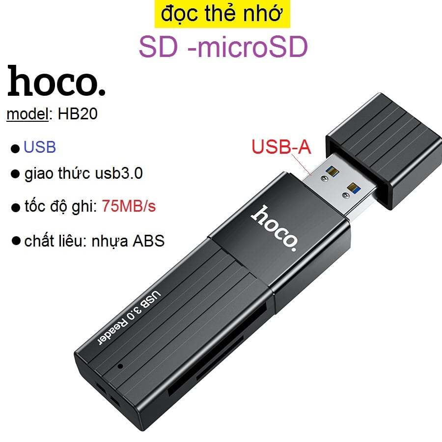 Đầu đọc thẻ nhớ usb 3.0 Hoco HB20 đọc thẻ nhớ SD/ microSD