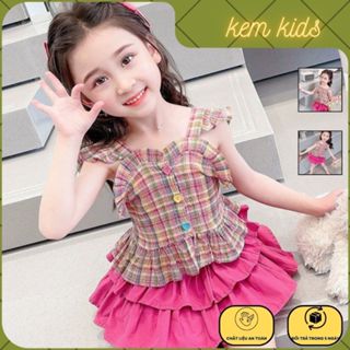 Quần áo trẻ em, set váy bé gái áo hai dây cánh tiên kẻ caro hồng và quần giả váy cho bé từ 10-27kg