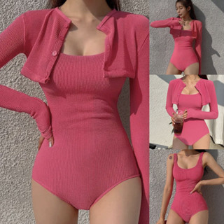 Bộ bơi nữ , bikini liền thân ba lỗ áo khoác dài tay hồng đậm cao cấp (QC có sẵn)