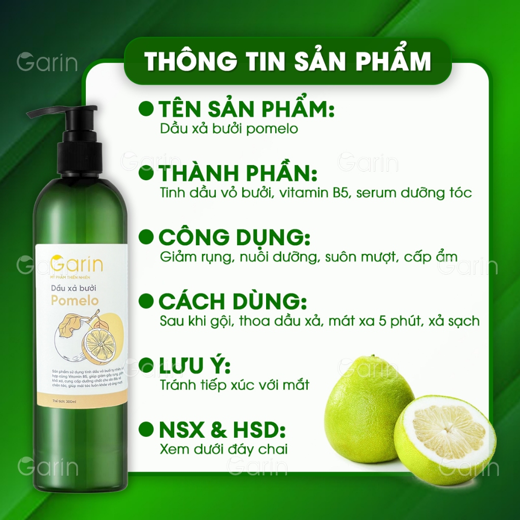 Combo 3 chai dầu xả bưởi suôn mượt tóc pomelo Garin 300ml kích mọc tóc giảm rụng dưỡng tóc chắc khỏe