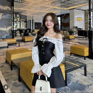 [V1.650] Váy Trễ Vai Tacta Tay Phối Trắng Pha Ren Siêu Xinh (kèm ảnh thật)