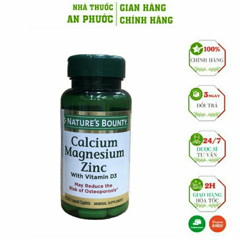 Viên uống Nature’s Bounty Calcium Magnesium Zinc bổ sung Canxi, Kẽm, Magie với Vitamin D3, hũ 100 viên [Hàng Mỹ]