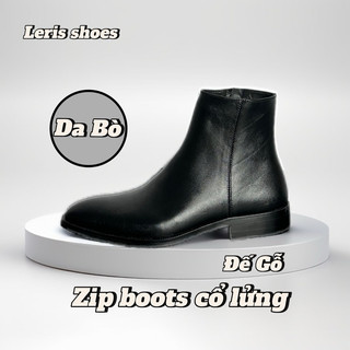 Zip boot nam cổ lửng, giày da nam,da bò nappan bóng, đế phíp gỗ. Mũi Vuông