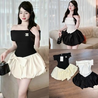 Sét áo váy trễ vai tag x phối chân váy nơ phồng dáng ngắn size s m - halinh shop - váy trễ vai phối chân váy nơ phồng ta
