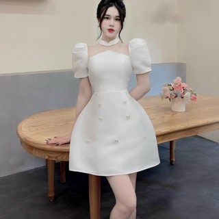 Đầm nữ thời trang QC mặc đi tiệc chất Tapta thiết kế cổ yếm viền đá tay phồng ngắn có mút ngực váy chữ A đính nơ xih xắn