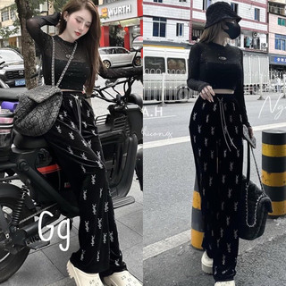 Sét bộ nữ- sét bộ thun đính đá áo tăm tay dài logo quần nhung đính đá kim sa xuông dài có túi