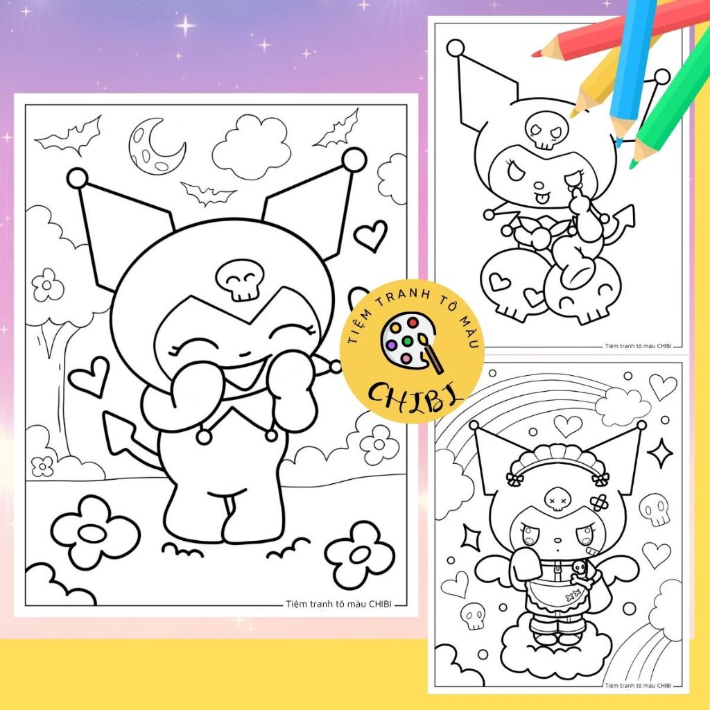 Tranh tô màu cho bé bộ 20 tranh Kuromi tô màu chì, màu sáp, đồ chơi sáng tạo giấy <TM23>