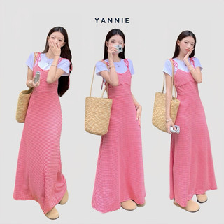 Váy đầm hai dây đỏ kẻ caro ôm eo dáng dài maxi Yannie