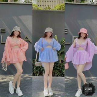  Sét bộ 3 món nữ mặc đi biển chất đũi xốp áo bra hai dây xoắn ngực sexy mix quần đùi ống rộng kèm áo khoác tay dài 