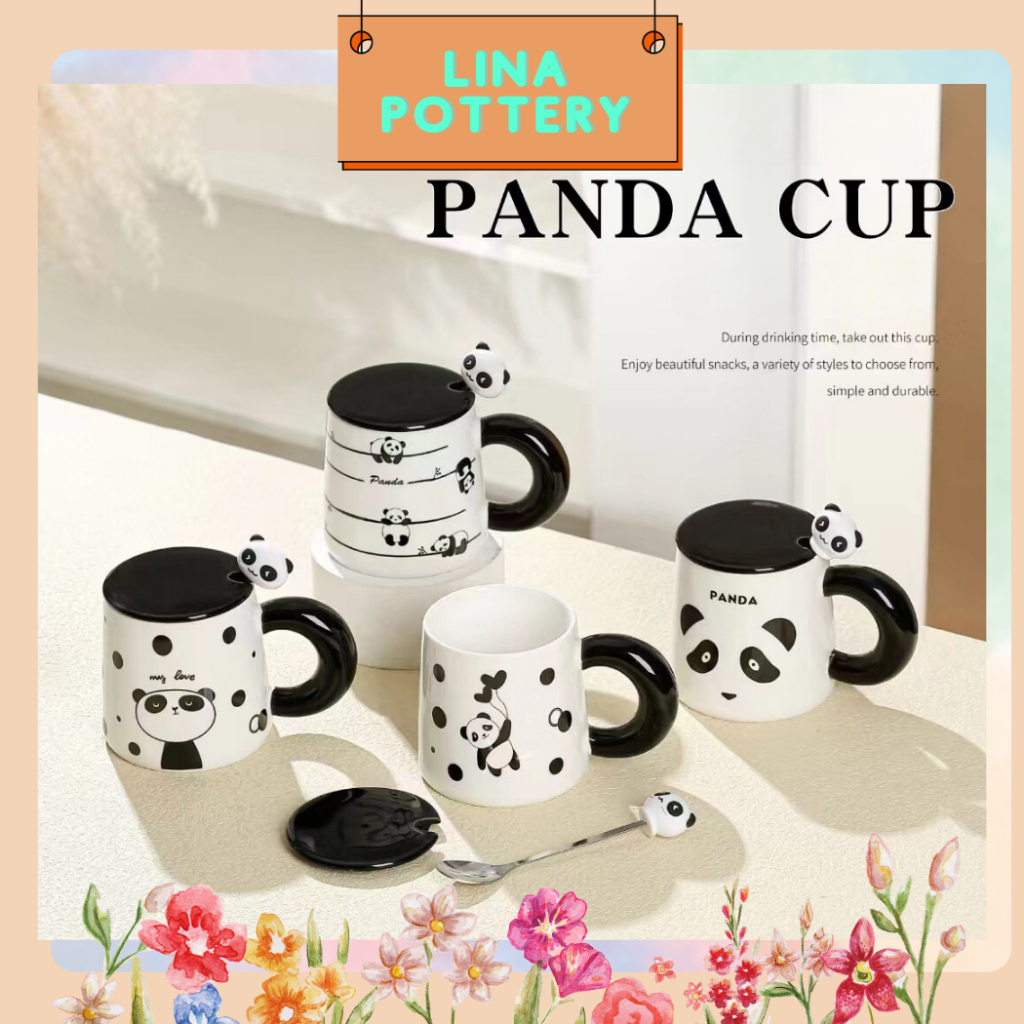 [KÈM NẮP+ MUỖNG] Ly Sứ, Cốc Sứ Gốm Có Quai Panda tinh nghịch Kèm Nắp Và Muỗng - Ly Sứ Uống Trà, Cốc 