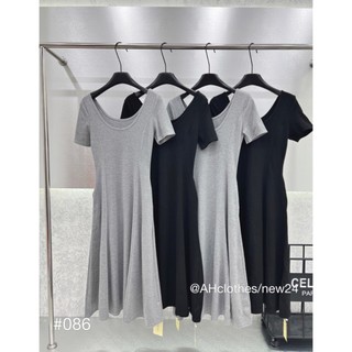 V086 / ĐẦM THUN TRƠN CỔ VUÔNG DÁNG XOÈ MIDI CỘC TAY