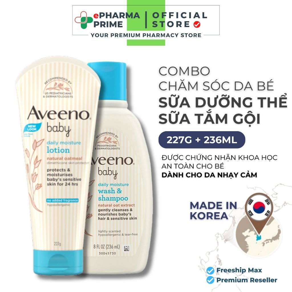 [COMBO] Sữa Dưỡng Ẩm Aveeno Baby Daily Moisture, Sữa Tắm Gội Aveeno Baby Moisture Wash & Shampoo