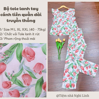Đồ bộ mặc nhà, vải tole (tôn) lanh tay cánh tiên, quần dài - Tiệm nhà Nghi Linh
