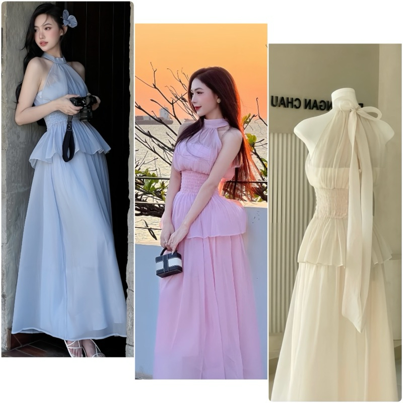 Sét Váy Áo Chun Nơ Cổ Có Mút + Chân Váy Dáng Dài Tơ Xốp Mộng Mơ