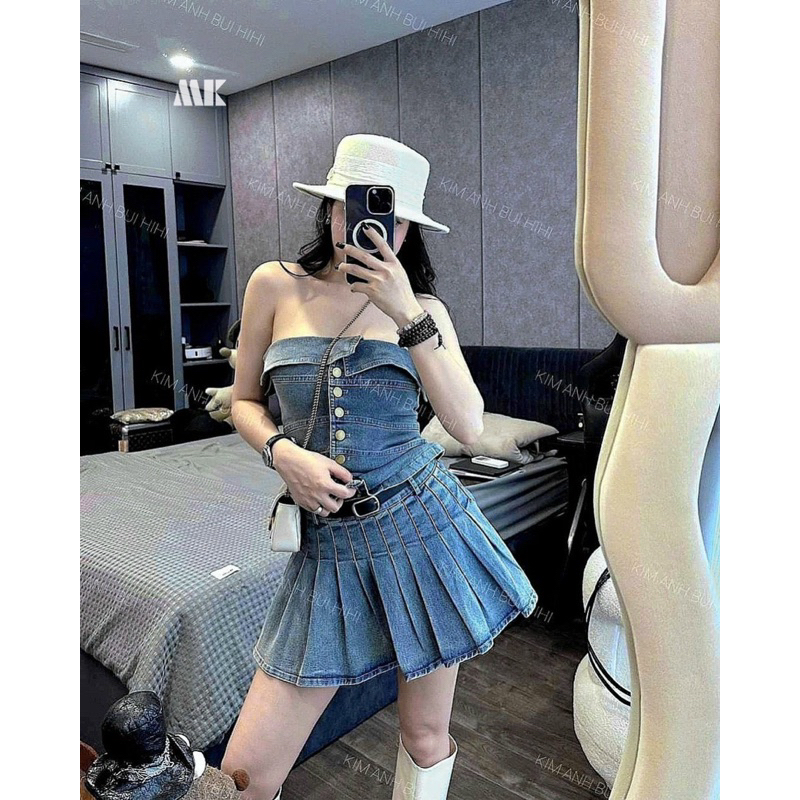 Set jean gồm áo cúp ngực, chân váy xếp ly chất Jean cực hót hot siu hot Chất jean đẹp y hình