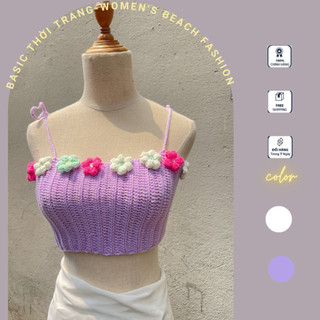 Áo 2 dây BÔNG HOA len móc handmade đi biển hình xinh, áo crotop len hoa LM07