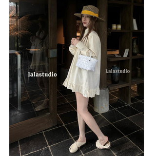  LALASTUDIO| Váy sơ mi kẻ sọc dáng xuông bèo dài tay tiểu thư màu pastel  hàng qccc  