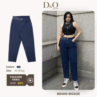 Quần Baggy jeans nữ Bigsize 55-88kg dáng dài cạp cao tôn dáng màu xanh đậm phối lưng 2 nút 3221 không giãn dài 97cm