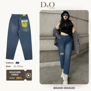Quần Baggy Jean Nữ Bigsize 55-88kg Cạp Cao Tôn Dáng Màu Xanh Đậm Wash Rách Phối Túi Thêu Chữ 1161 Không Giãn Dài 97cm