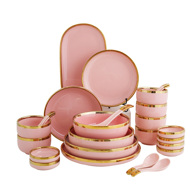 Bát Ăn Cơm Bộ Bát Đĩa Sứ Decor Màu Hồng Bán Lẻ. chén đĩa ăn cơm màu hồng