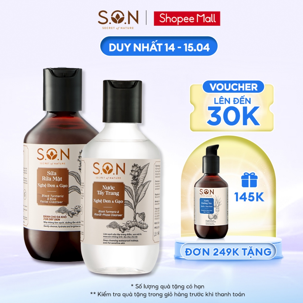 Combo Nước tẩy trang và sữa rửa mặt nghệ đen và gạo S.O.N 100ml/chai