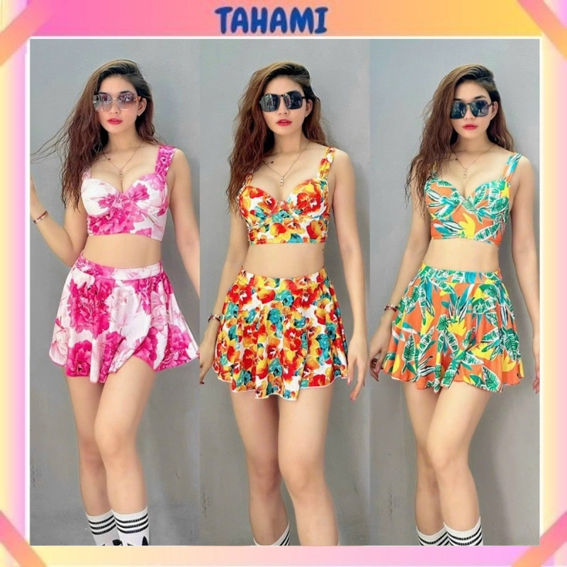 Bikini đi biển nữ bikini 2 mảnh kín đáo áo nâng ngực váy xòe lưng cao che bụng có quần đùi bên trong