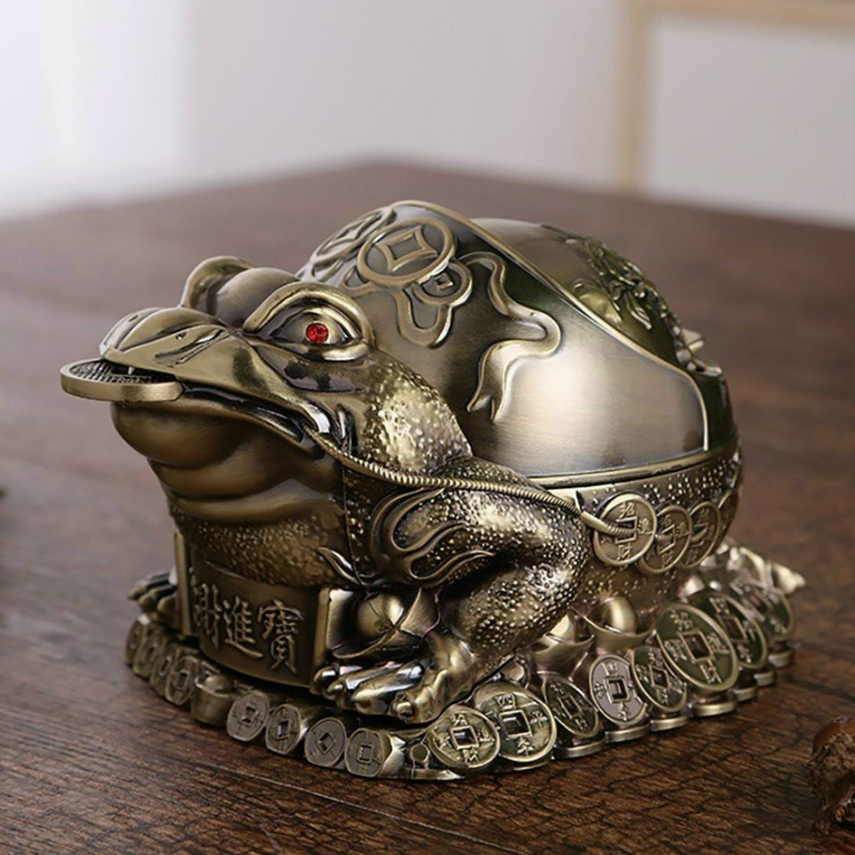 Gạt tàn thuốc lá hình cóc ngậm tiền vàng màu đồng cổ điển sang trọng ,tinh xảo