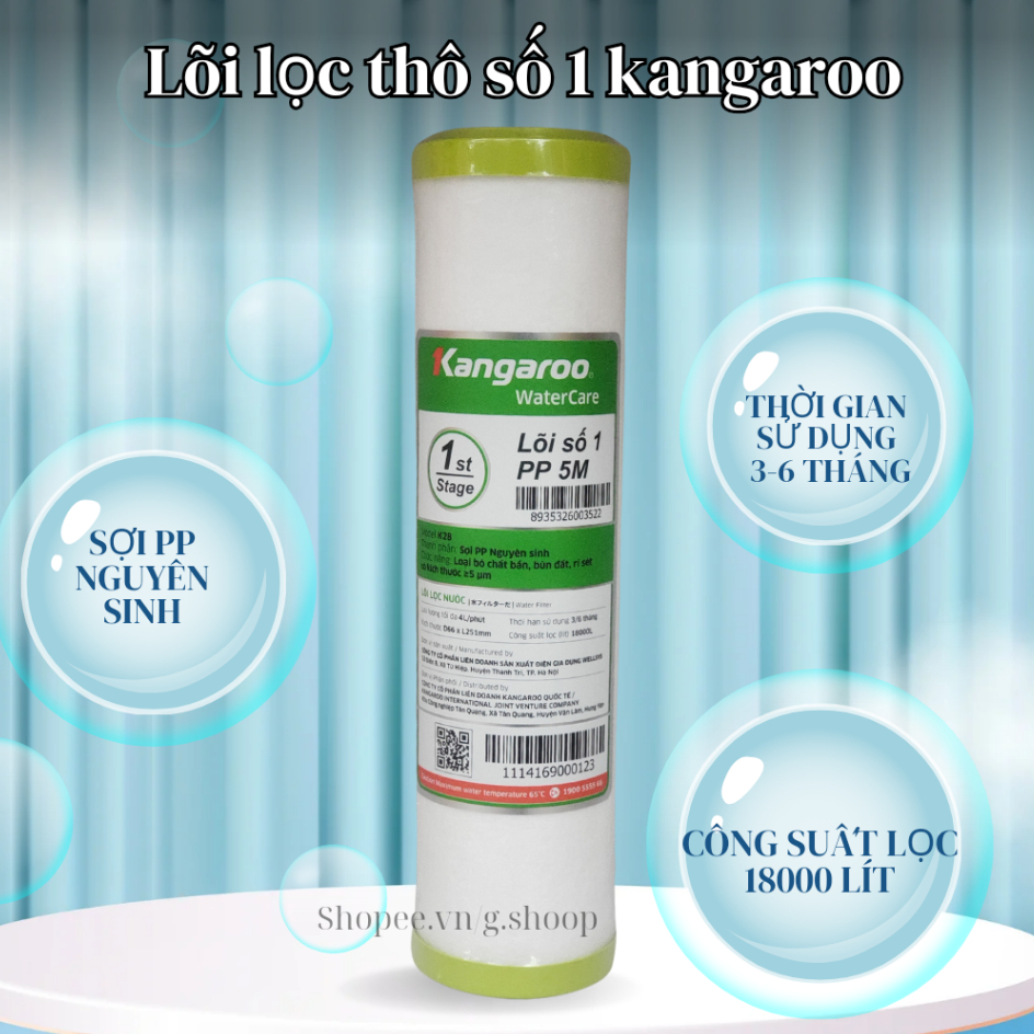 LÕI LỌC thô số 1, Lõi lọc nước kangaroo chính hãng dùng cho máy lọc nước aqua sunhouse karofi