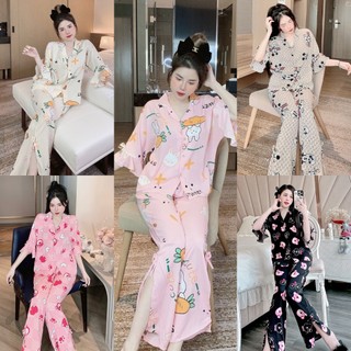 Bộ Pijama Áo Tay Lỡ Ống Loe Quần Dài Xẻ Tà Chất Lụa Mango Thiết Kế Chun's Sleepwear, Bộ Mặc Nhà Cao Cấp