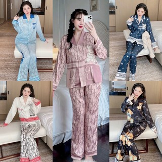 Bộ Pijama Thiết Kế Tay Dài Quần Dài Mặc Nhà in 5D Lụa Xước Ánh Kim Mềm Mại Freesize 40-60kg - Chun's Sleepwear
