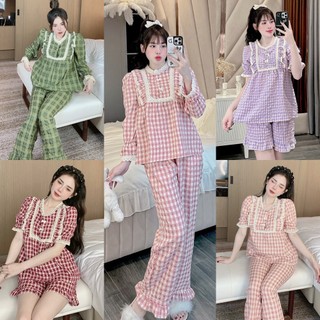 Bộ đồ mặc nhà nữ tiểu thư tay dài quần dài tay loe kẻ caro chất đũi pha nhung ren freesize 45-65kg - Chun's sleepwear