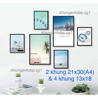 Bộ 6 khung ảnh treo tường mặt kính đẹp gồm 2 khung A4 & 4 khung 13x18.