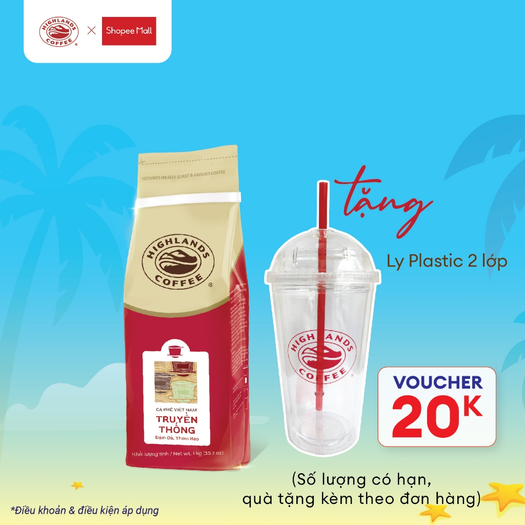 MUA 1 TẶNG 1 - Cà phê bột Truyền thống Highlands coffee 1kg Tặng 1 ly Plastic (quà tặng kèm theo đơn)