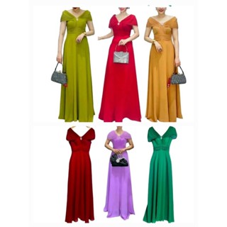 Đầm dạ hội trung niên đi tiệc vải voan size lớn 75kg cổ nữ hoàng bệt vai nhấn eo tôn dáng, Đầm dạ hội trễ vai bigsize