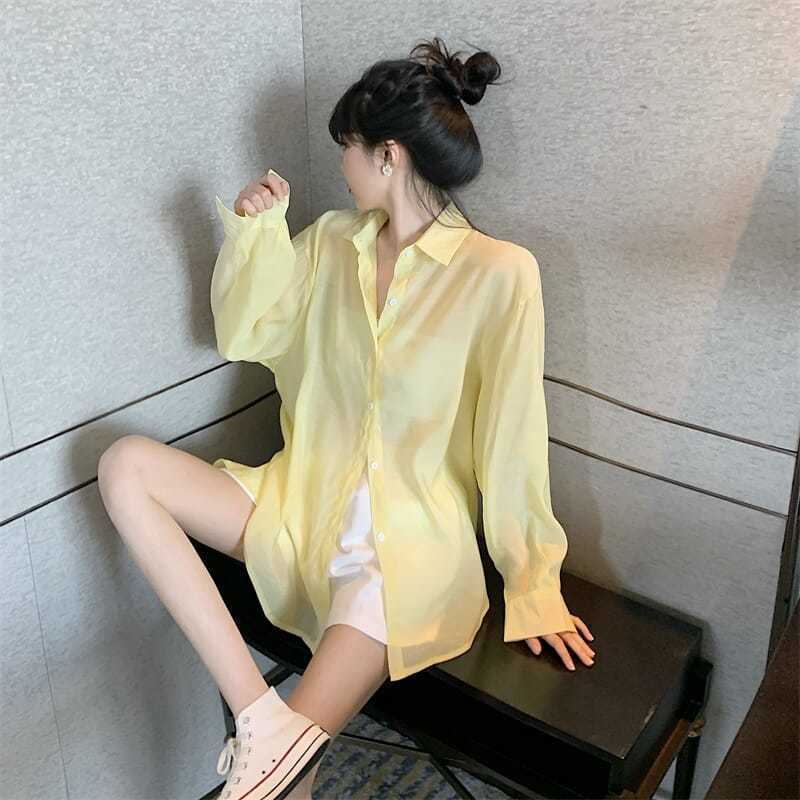 Áo sơ mi nữ dài tay khoác ngoài xẻ sau buộc nơ sang chảnh. Sơ mi nữ đi chơi đi biển khoác ngoài trơn basic buộc nơ sau. | BigBuy360 - bigbuy360.vn