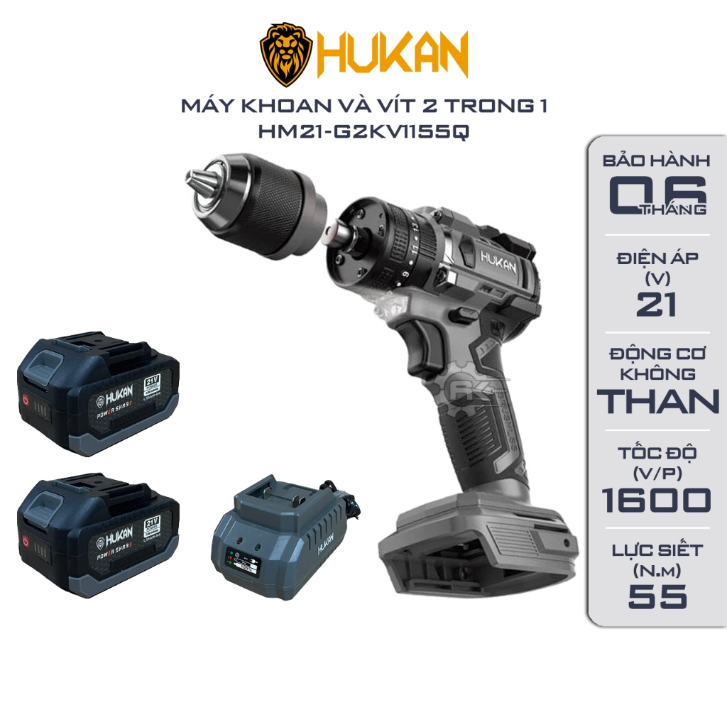 Thân máy khoan pin kèm bắn vít HUKAN G2KV1155Q, 3 Chức Năng, Không Chổi Than, 10mm, Có khóa trục