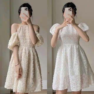 Xả kho - Váy yếm hở vai tay bồng lông thỏ mềm 2 lớp, đầm yếm nữ tiểu thư