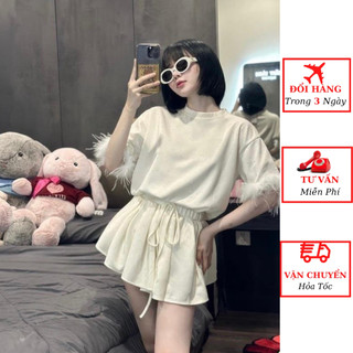  Set bộ nữ áo phông nhũ kim sa đính đá tay lông kèm chân váy xếp ly dáng ngắn tiểu thư sexy đi tiệc 