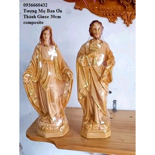 Bộ 2 Tượng Đức Mẹ Ban Ơn và Thánh Giuse 30cm tượng công giáo chất liệu nhựa composite màu nâu vàng