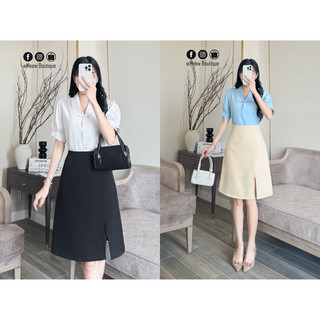 Chân Váy công sở chữ A midi ngang gối xẻ lệch phía trước Meow Boutique