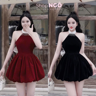 Đầm váy nữ đi tiệc đầm Tết yếm cườm dáng xòe hở lưng cột nơ sexy sang chảnh chất nhung cứng hàng chuẩn shop KÈM HÌNHTHAT