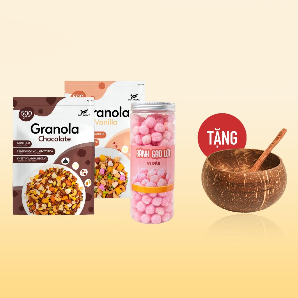 2 Túi Granola Nhiều Topping 80% Hạt Ngũ Cốc + 1 Hũ Bánh Gạo Ăn Liền, Ít Đường Befresco Food T