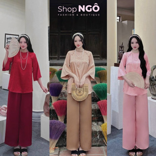 Đồ bộ lam đi chùa ,đi lễ.Set bộ lam cổ tròn nút mây tay lỡ gấm hoa phối quần dài thanh lịch
