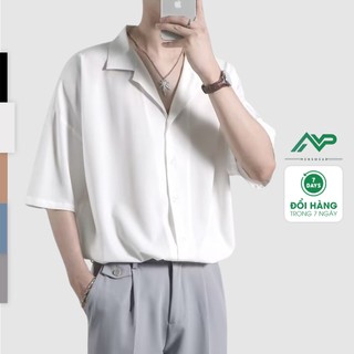 Áo Sơ Mi Ngắn Tay Nam Nữ Cổ Vest NPV Trắng, Đen, Nâu - Kiểu sơ mi tay ngắn form rộng Cổ Vest
