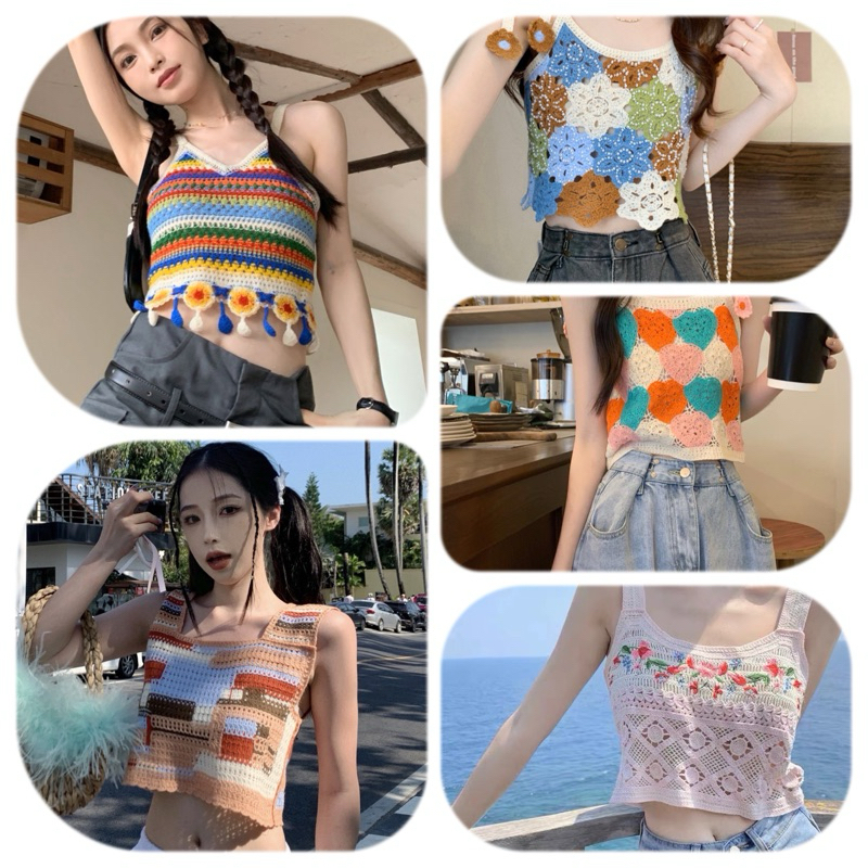 - Áo 2 dây dệt kim croptop nhiều hoạ tiết xinh xắn đi biển mùa hè 2024