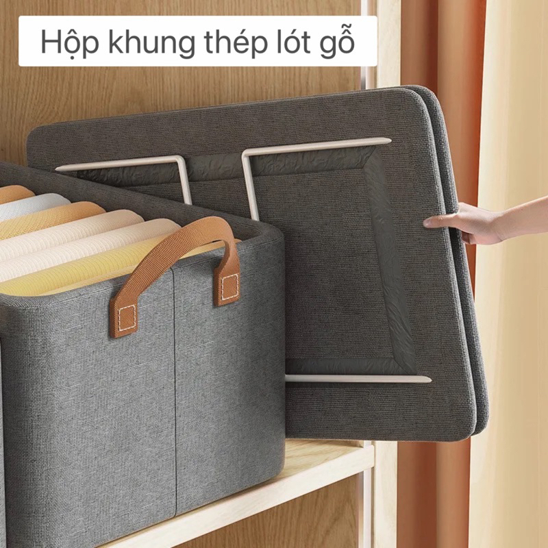 Hộp trượt đựng xếp quần áo, có khung thép, mặt đáy khung gỗ MDF, tay cầm tiện lợi. Hộp vải đựng quần áo