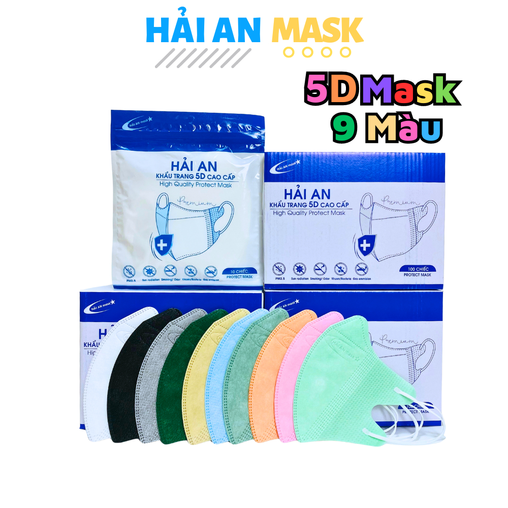 Khẩu trang 5d Hải An Mask 3 lớp kháng khuẩn chống tia uv nắng chất vải mềm mịn ôm mặt